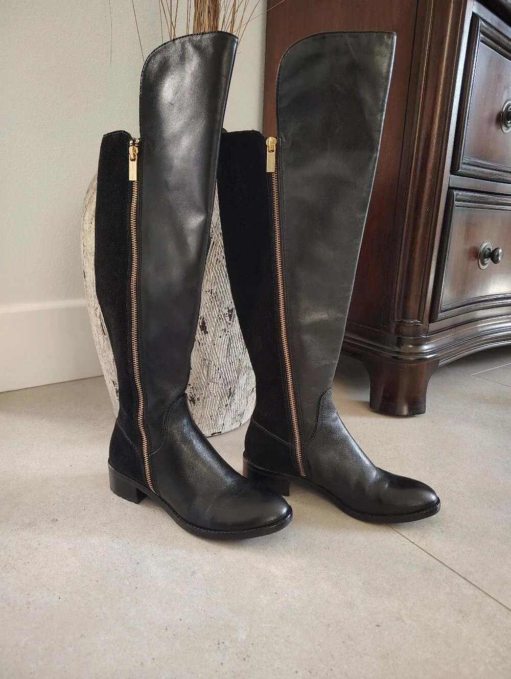 Michael Kors Black Over-the-Knee Boots with Gold Zipper